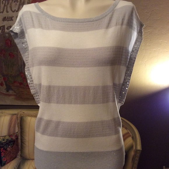 White House Black Market Sweaters - Silver Gray White Metallic Sequin Stripe Sweater S